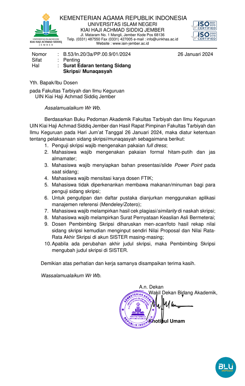 Surat Edaran Pelaksanaan Sidang Skripsi FTIK